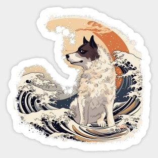 Whimsical Ukiyo-e Dog in Kanagawa Waves Sticker